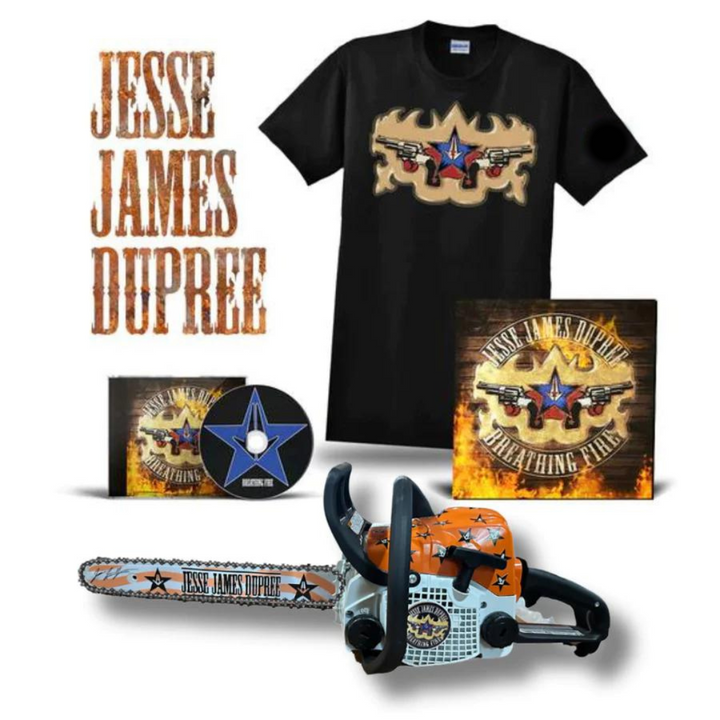 AUTOGRAPHED JESSE JAMES DUPREE BREATHING FIRE CHAINSAW & MUSIC BUNDLE.